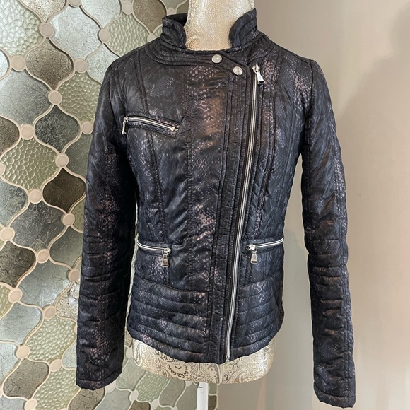 GUESS Womens Python Print Moto Puffer Jacket Black/gray XS - Picture 1 of 14